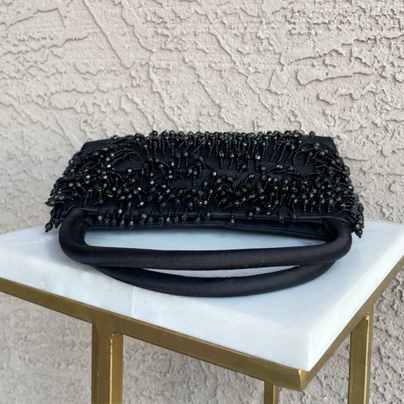 VINTAGE 90s Y2K Black Satin Beaded Fringe Handbag Formal Cocktail Evening Bag - Picture 8 of 12